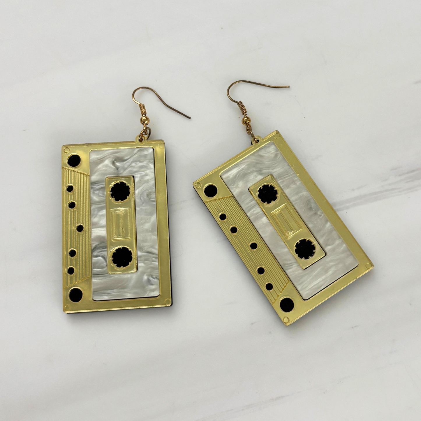 Jumbo Cassette Dangle Earrings in Gold | Matte Gold & Pearl Acetate | 3" Ear Wire