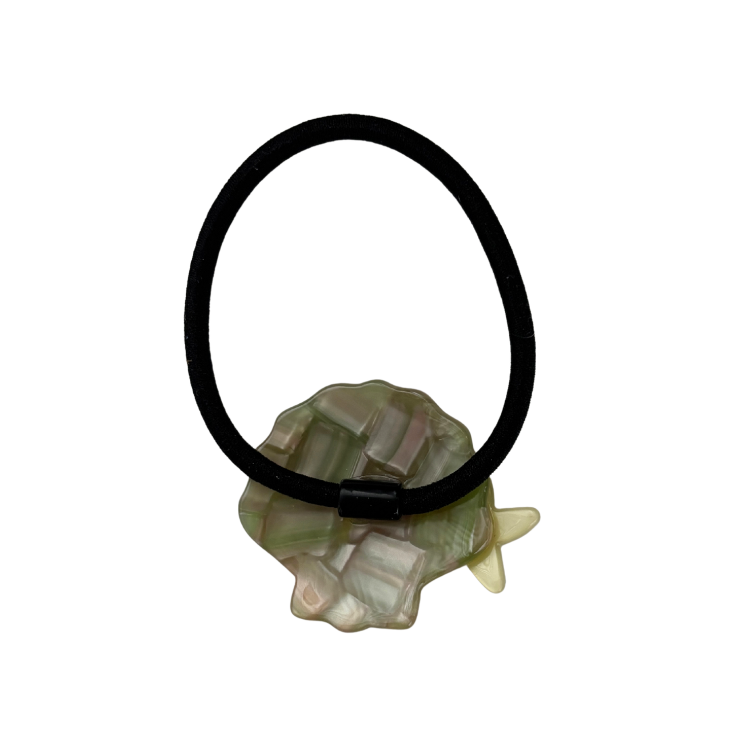 Shell & Star Mermaid Hair Tie | Opalescent Acetate Seashell on Black Elastic