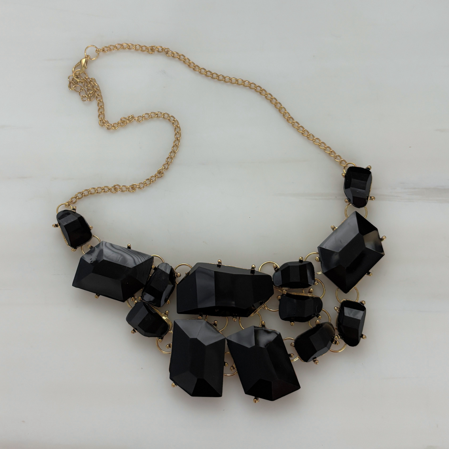 Evil Queen Jagged Gems Statement Necklace | Black Faceted Gems, Gold Setting | Bib Style