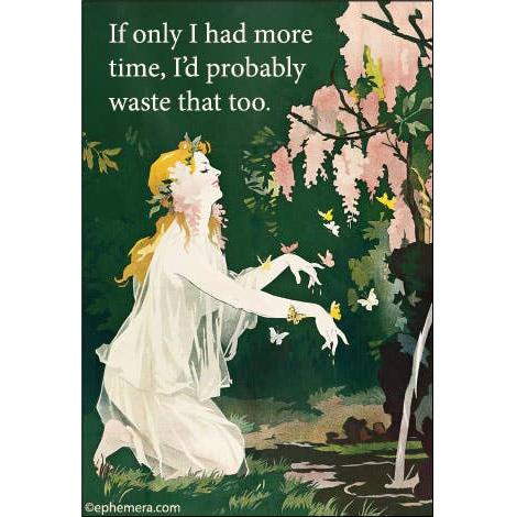 Illustration of a woman in a garden with butterflies and flowers, accompanied by a humorous quote "If only I had more time, I'd probably waste that too."