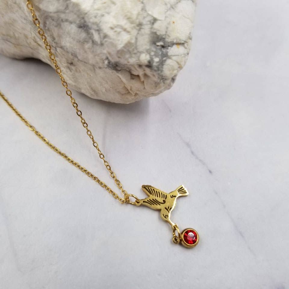 Gold Hummingbird Pendant Necklace | Red Rhinestone Accent