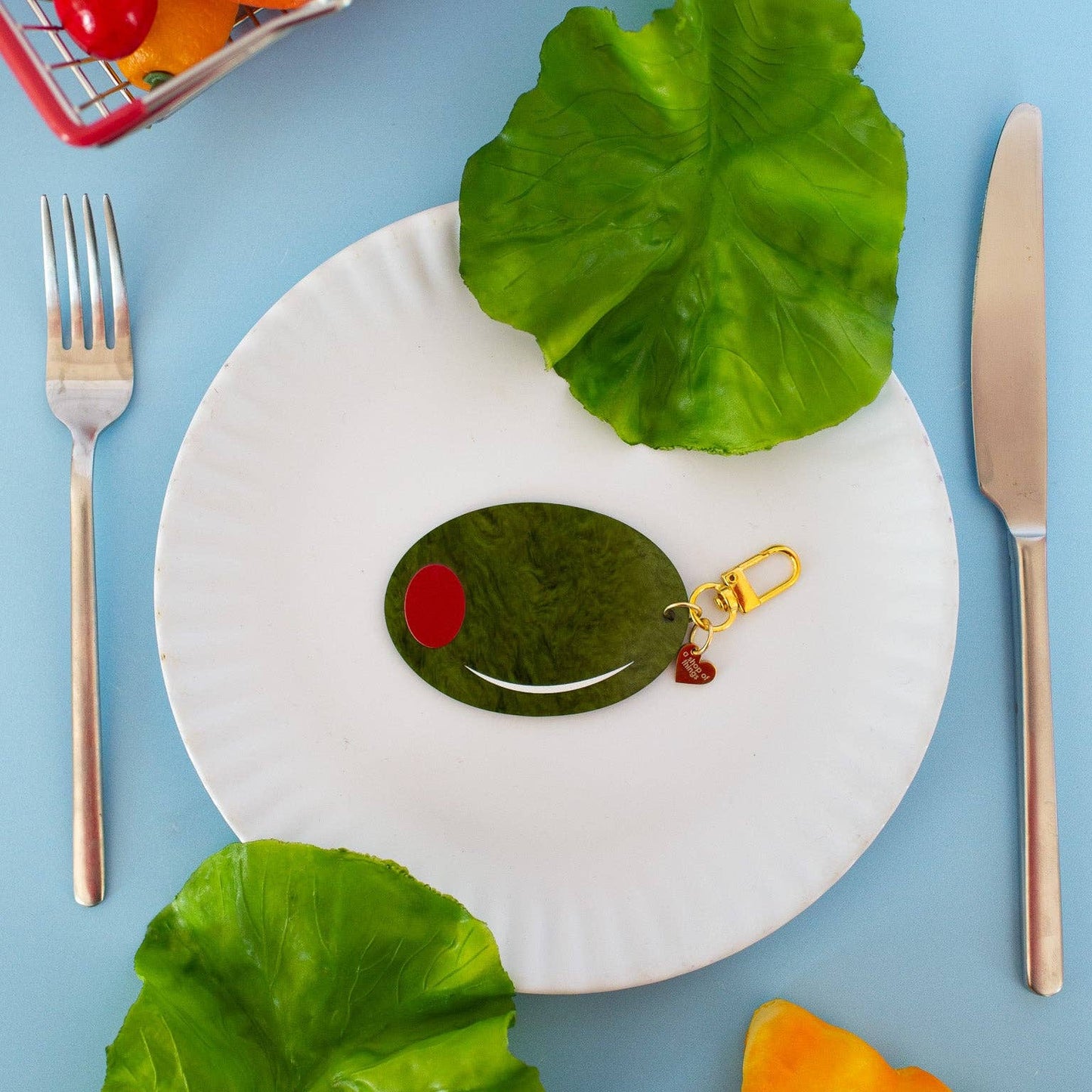 Olive Keychain Marbled Acetate Green Olive Keyring with Gold Clasp