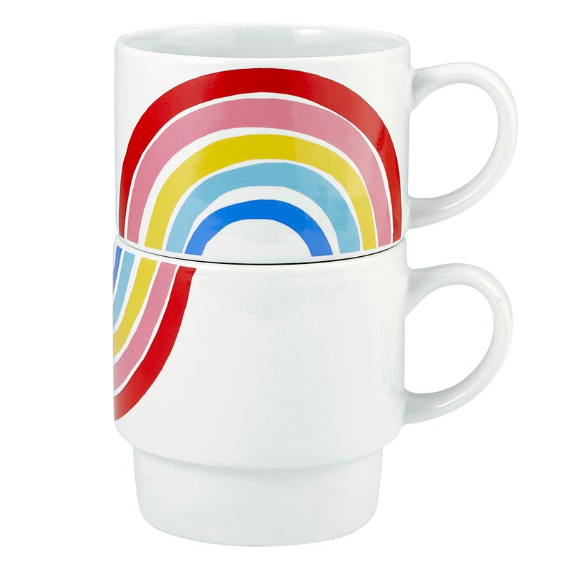 70s Rainbow Stacking Mug Set of 2 | Vintage Style GIftable 14 oz Mugs in Painted Ceramic