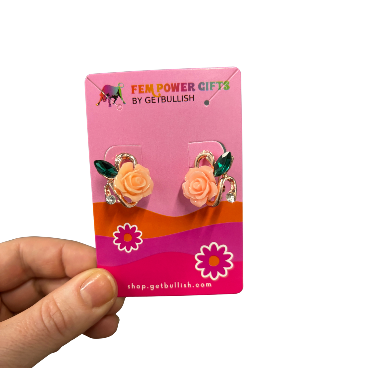 Prettiest Rose Sculpted Stud Earrings | Peachy-Pink Rose, Jeweled Leaf, Rose Gold | 1/2"