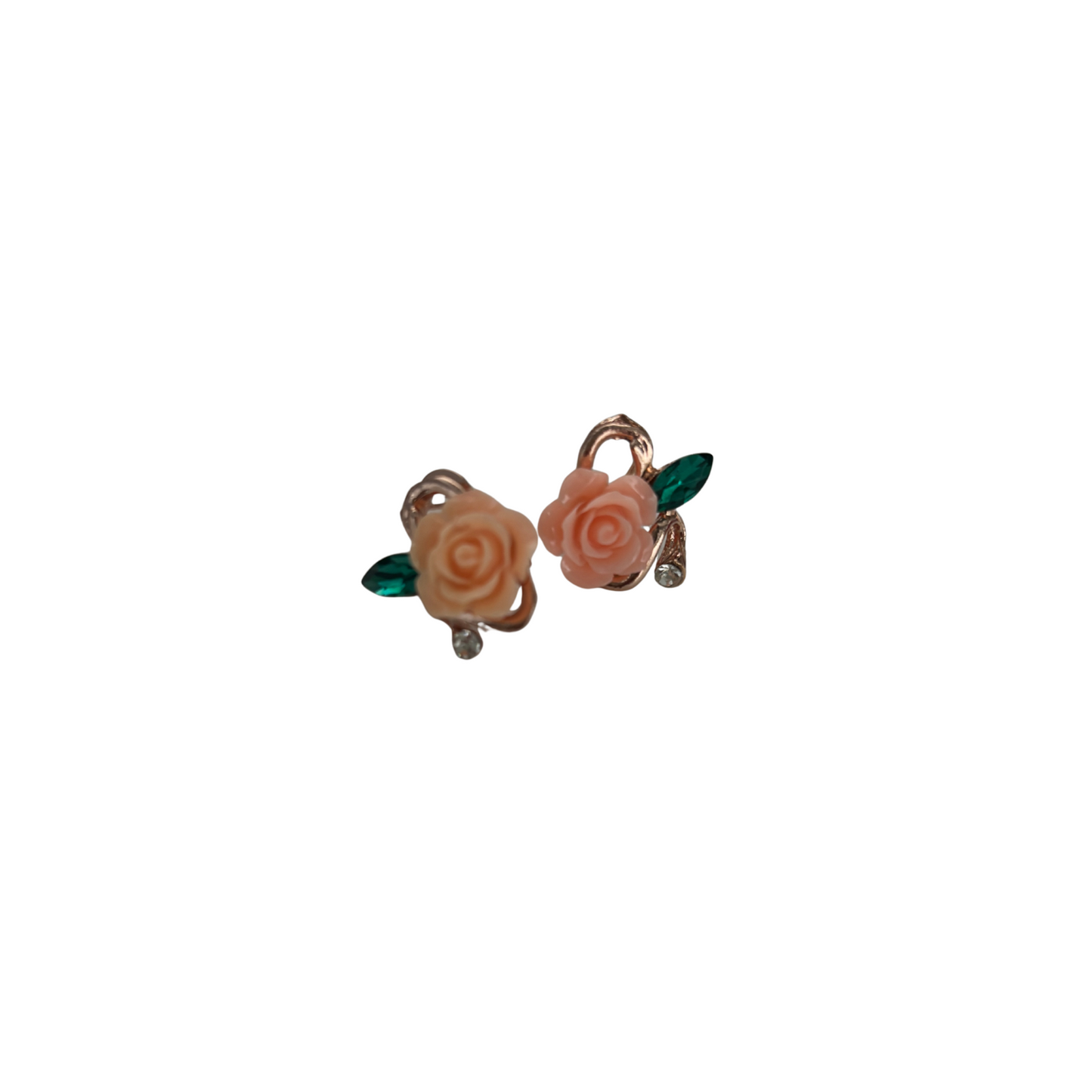 Prettiest Rose Sculpted Stud Earrings | Peachy-Pink Rose, Jeweled Leaf, Rose Gold | 1/2"