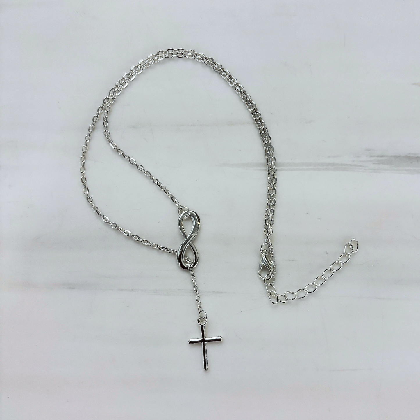 Infinity Cross Necklace in Silver | Cross Through Infinity Symbol | 16" + 2" Drop
