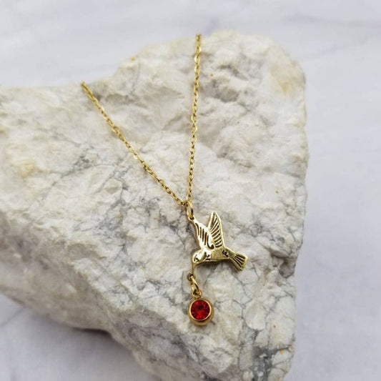 Gold Hummingbird Pendant Necklace | Red Rhinestone Accent