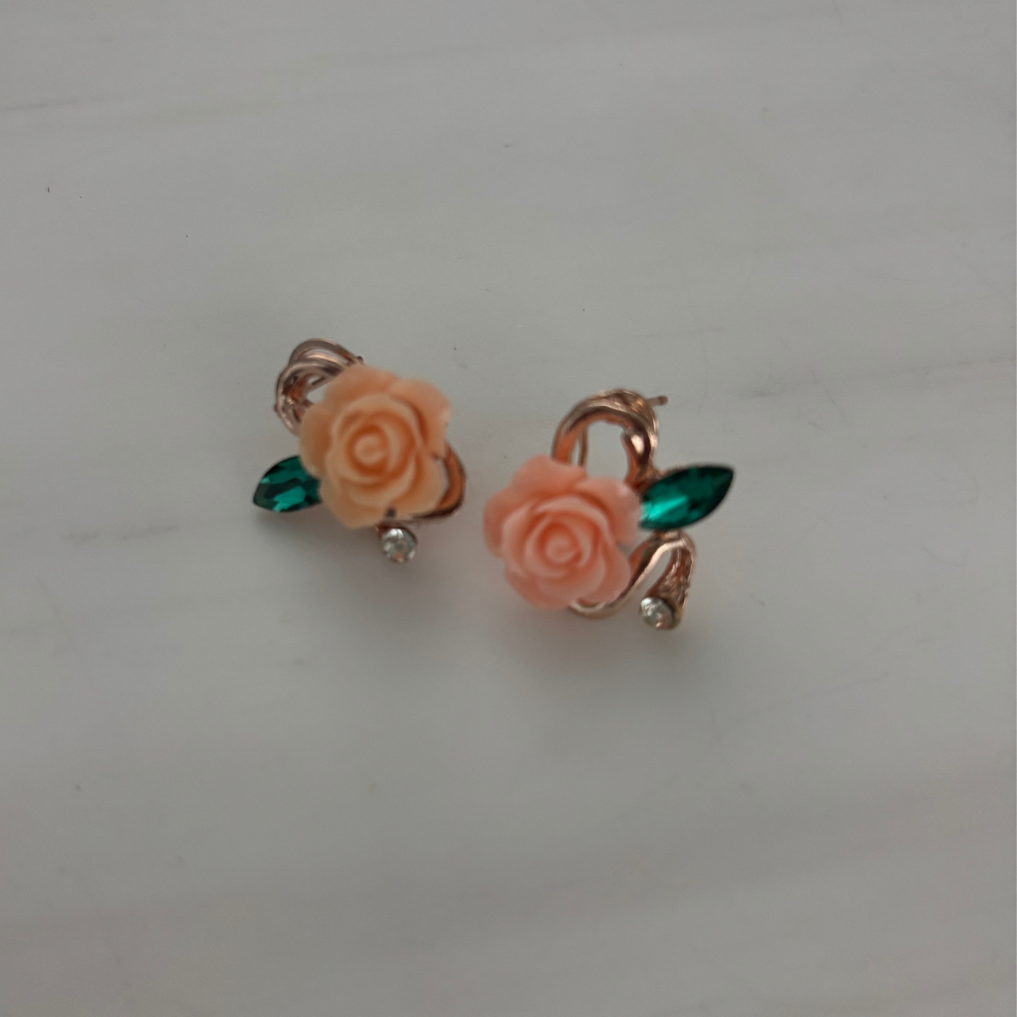 Prettiest Rose Sculpted Stud Earrings | Peachy-Pink Rose, Jeweled Leaf, Rose Gold | 1/2"