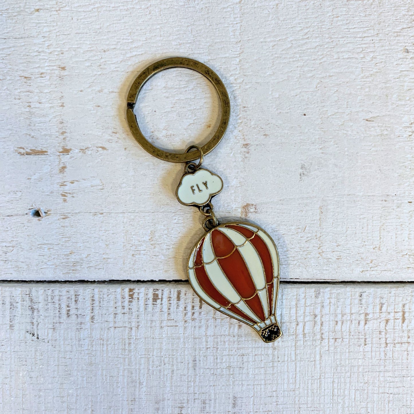 Retro Hot Air Balloon Keychain | Red & Ivory Enamel, Aged Brass | "FLY" Charm | 4"