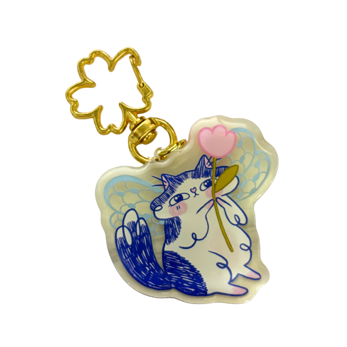 Butterfly Wings Kitty Key or Bag Charm | Semi-Transparent Illustrated Cat | Gold Clasp | 3"