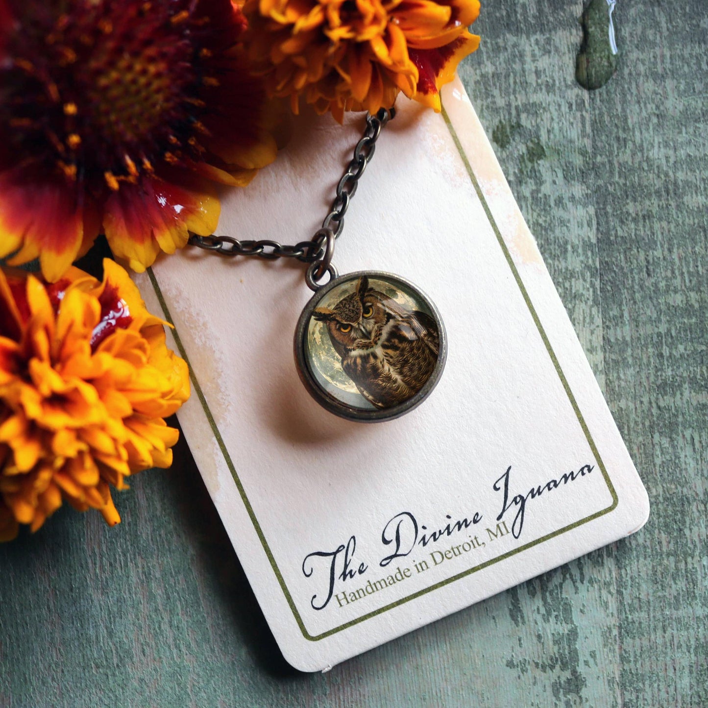 Victorian Owl Simple Reversible Glass Pendant Necklace