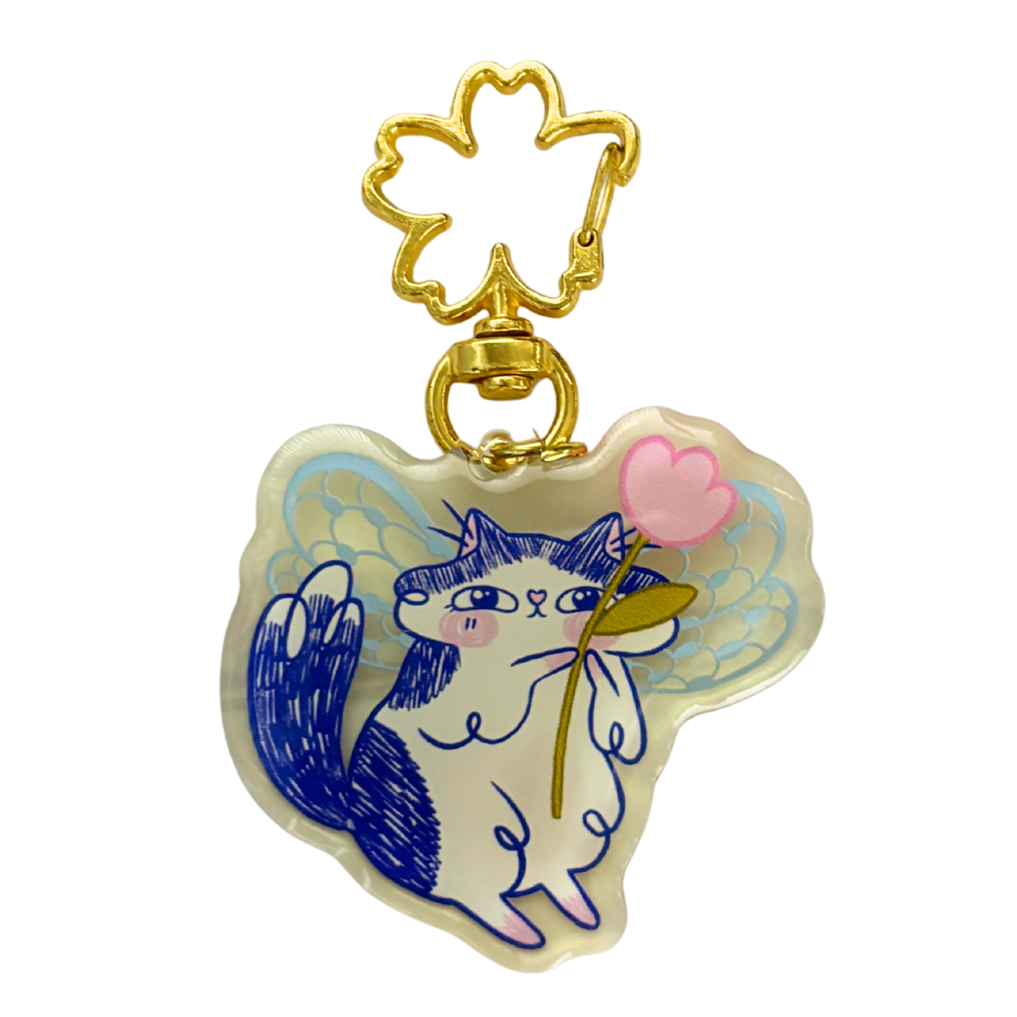 Butterfly Wings Kitty Key or Bag Charm | Semi-Transparent Illustrated Cat | Gold Clasp | 3"