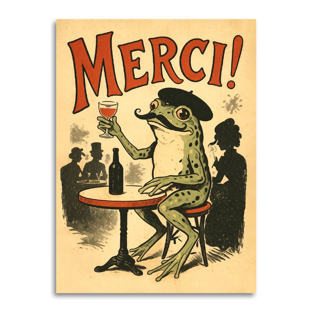 Vintage-style greeting card featuring a green frog wearing a black beret and mustache, sitting at a small table and holding a glass of red wine. Large red text at the top reads “MERCI!” 