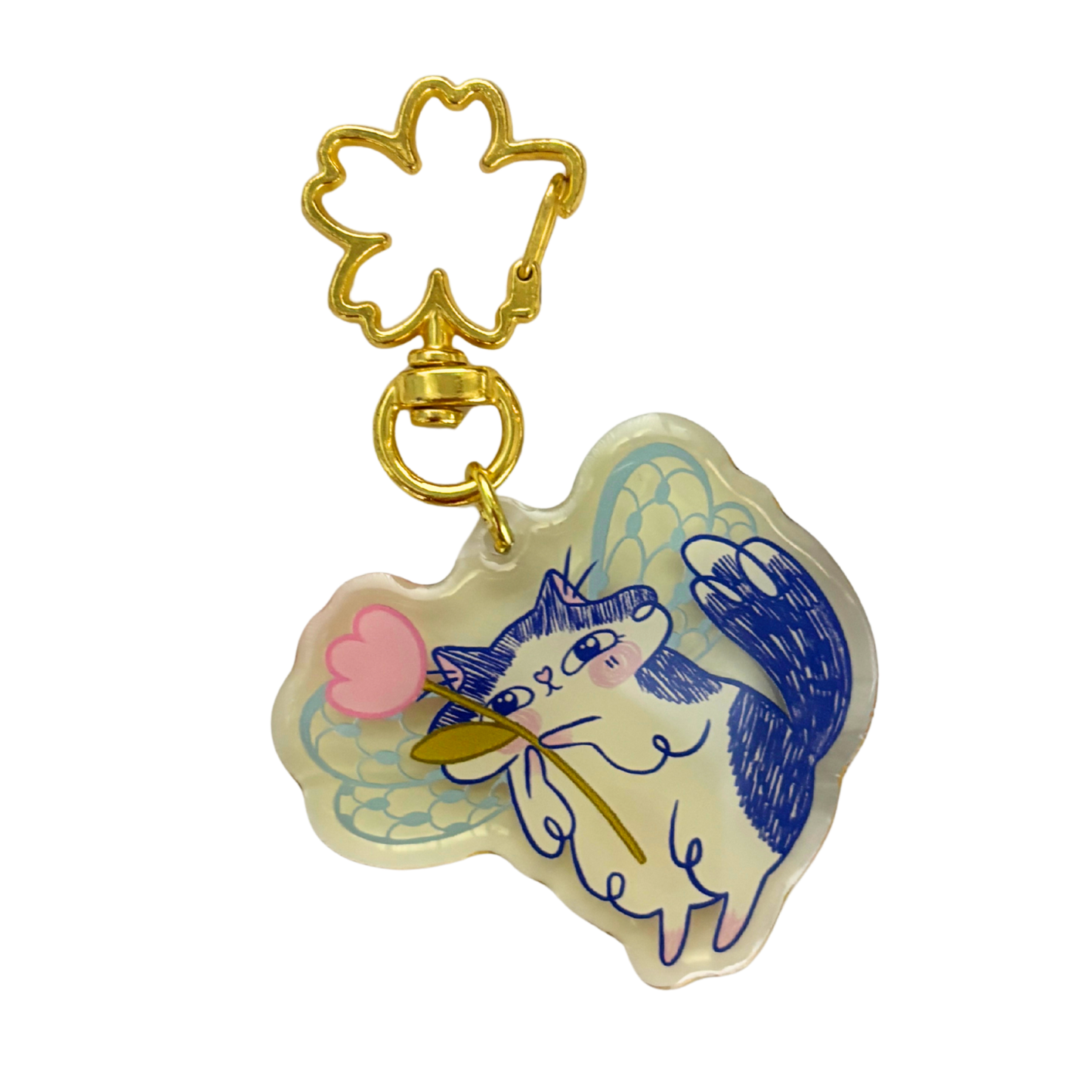 Butterfly Wings Kitty Key or Bag Charm | Semi-Transparent Illustrated Cat | Gold Clasp | 3"