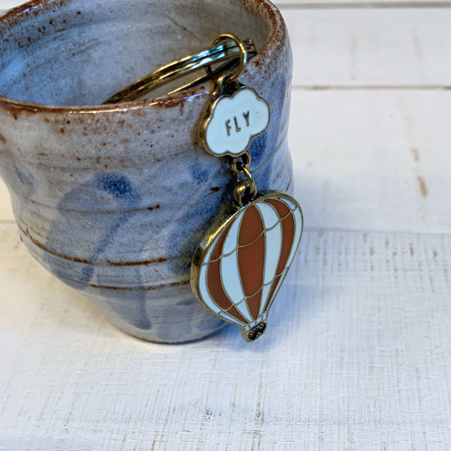 Retro Hot Air Balloon Keychain | Red & Ivory Enamel, Aged Brass | "FLY" Charm | 4"