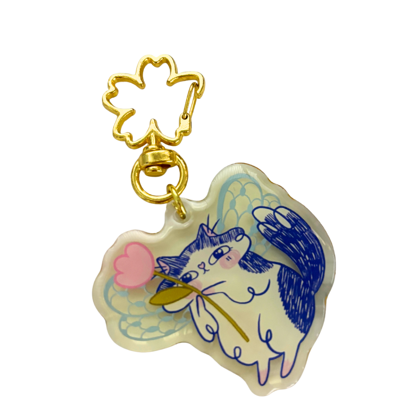 Butterfly Wings Kitty Key or Bag Charm | Semi-Transparent Illustrated Cat | Gold Clasp | 3"