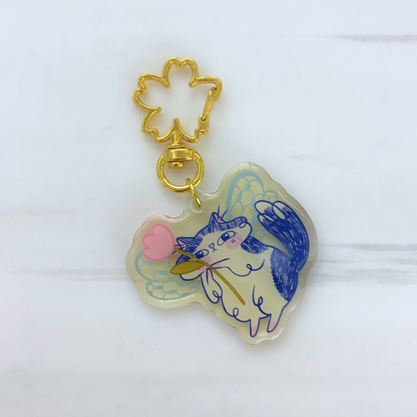Butterfly Wings Kitty Key or Bag Charm | Semi-Transparent Illustrated Cat | Gold Clasp | 3"
