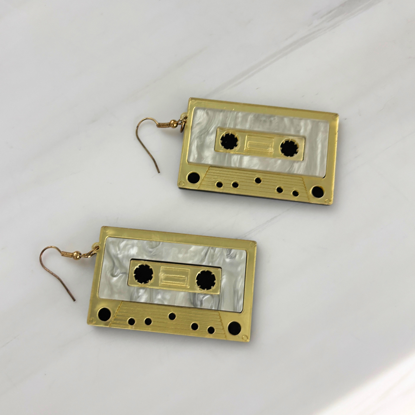 Jumbo Cassette Dangle Earrings in Gold | Matte Gold & Pearl Acetate | 3" Ear Wire