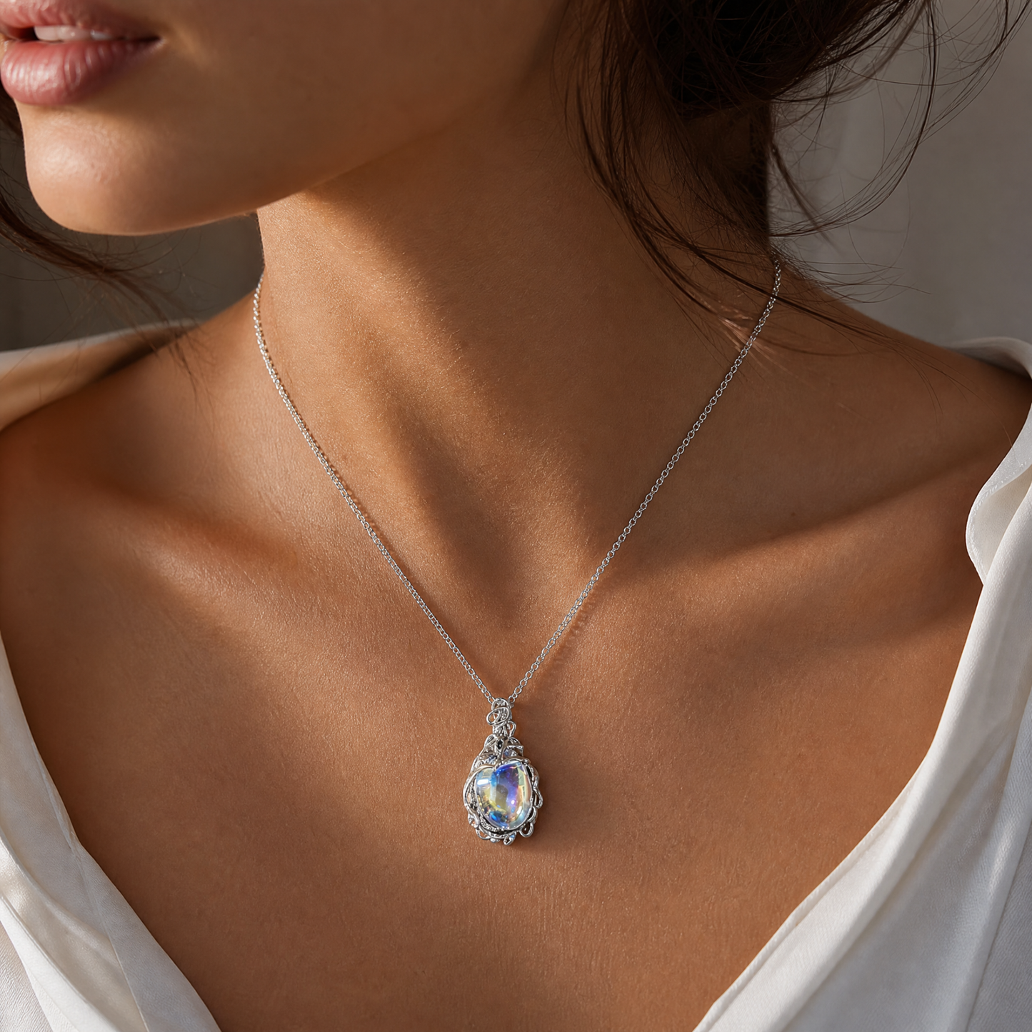 Romantasy Princess Opalescent Drop Necklace in Silver | Fantasy Gem Pendant | 18" + 2" Extender