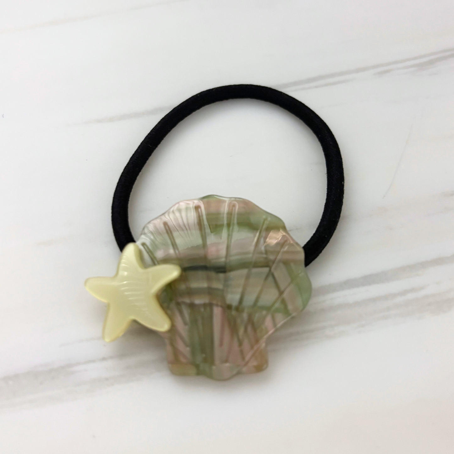 Shell & Star Mermaid Hair Tie | Opalescent Acetate Seashell on Black Elastic