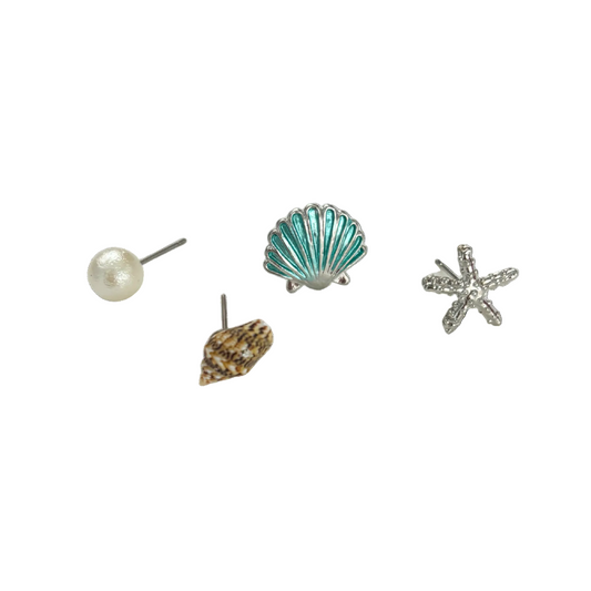 Mermaid Stud Earrings Mismatched Set of 4 | Pearl, Sea Star, Shell & Mermaid Shell