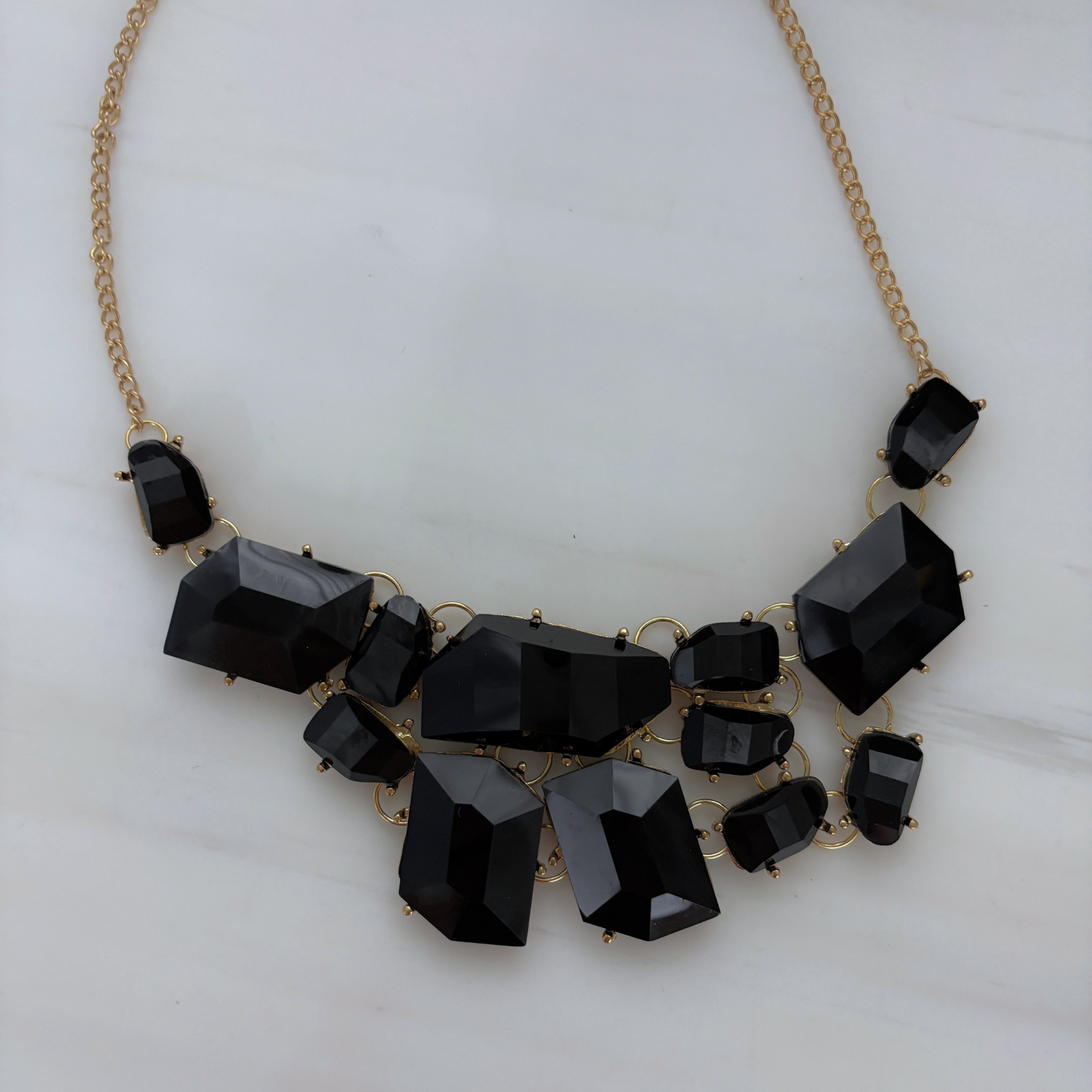 Evil Queen Jagged Gems Statement Necklace | Black Faceted Gems, Gold Setting | Bib Style