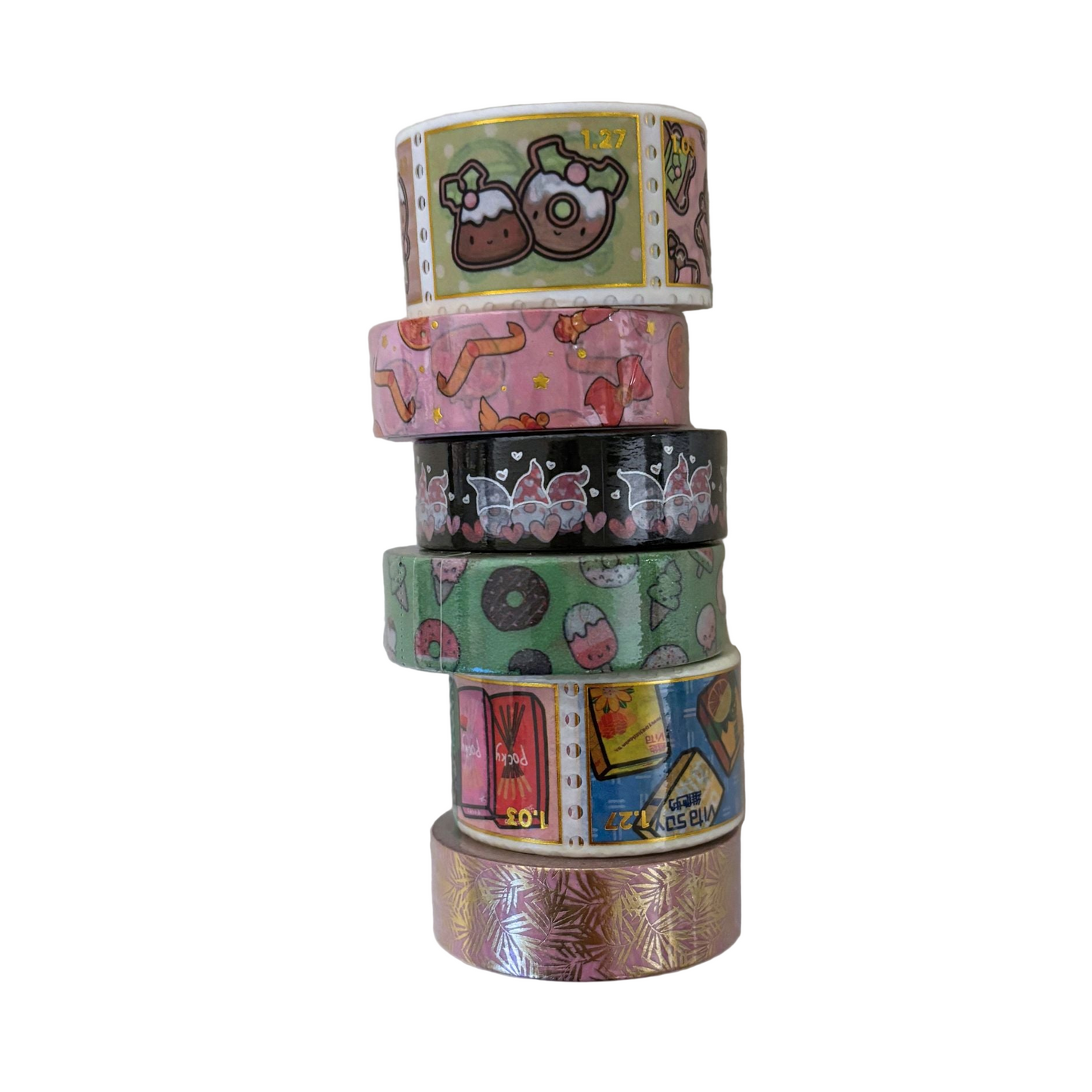 Stack of colorful washi tape rolls with various designs on a white background