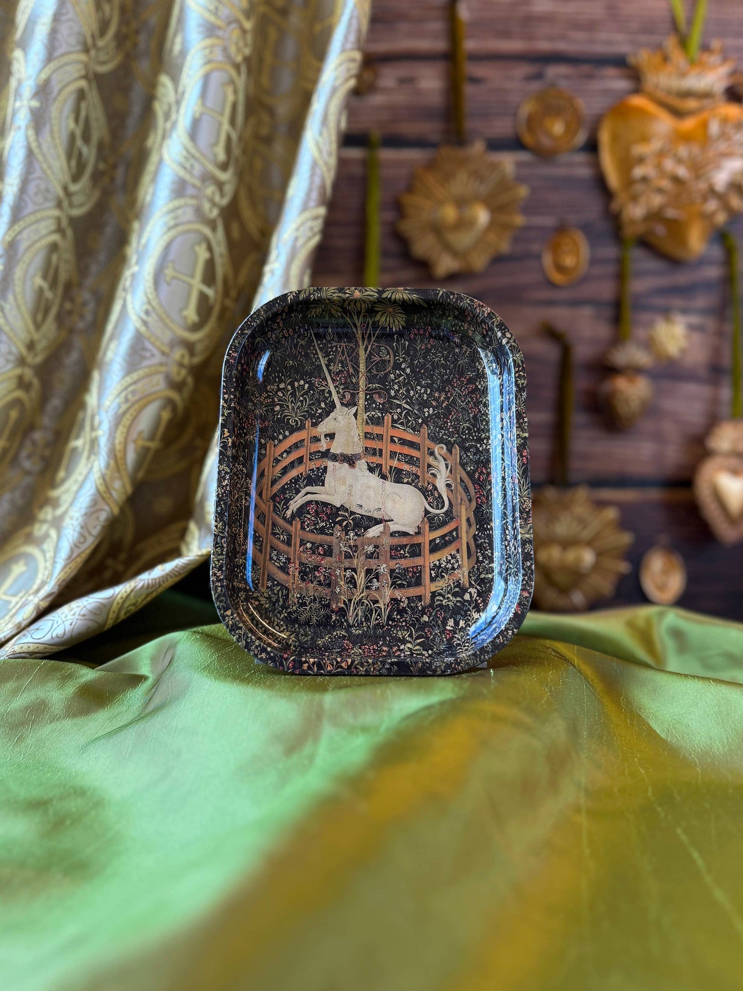 Medieval Tapestry Unicorn Tray | Enchanted Castle Trinket Tray | Vintage Floral Unicorn Catchall Dish