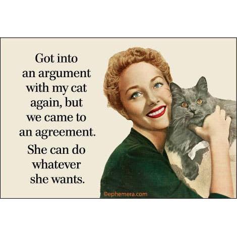 A graphic magnet with a vintage-style illustration of a smiling woman holding a gray cat, next to the text: 'Got into an argument with my cat again, but we came to an agreement. She can do whatever she wants.