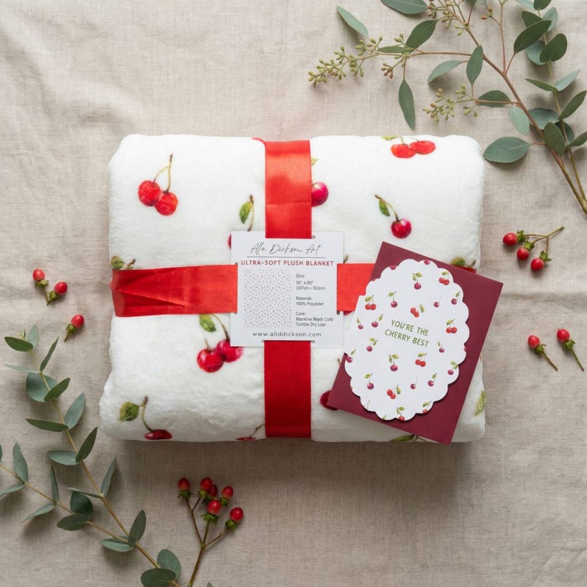 Watercolor Cherry Velveteen Throw Blanket | 50" x 60"