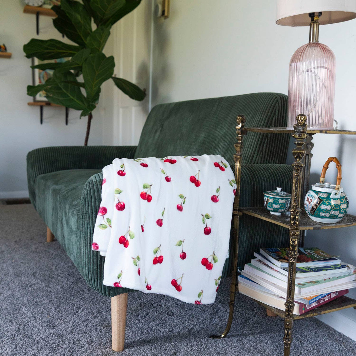 Watercolor Cherry Velveteen Throw Blanket | 50" x 60"