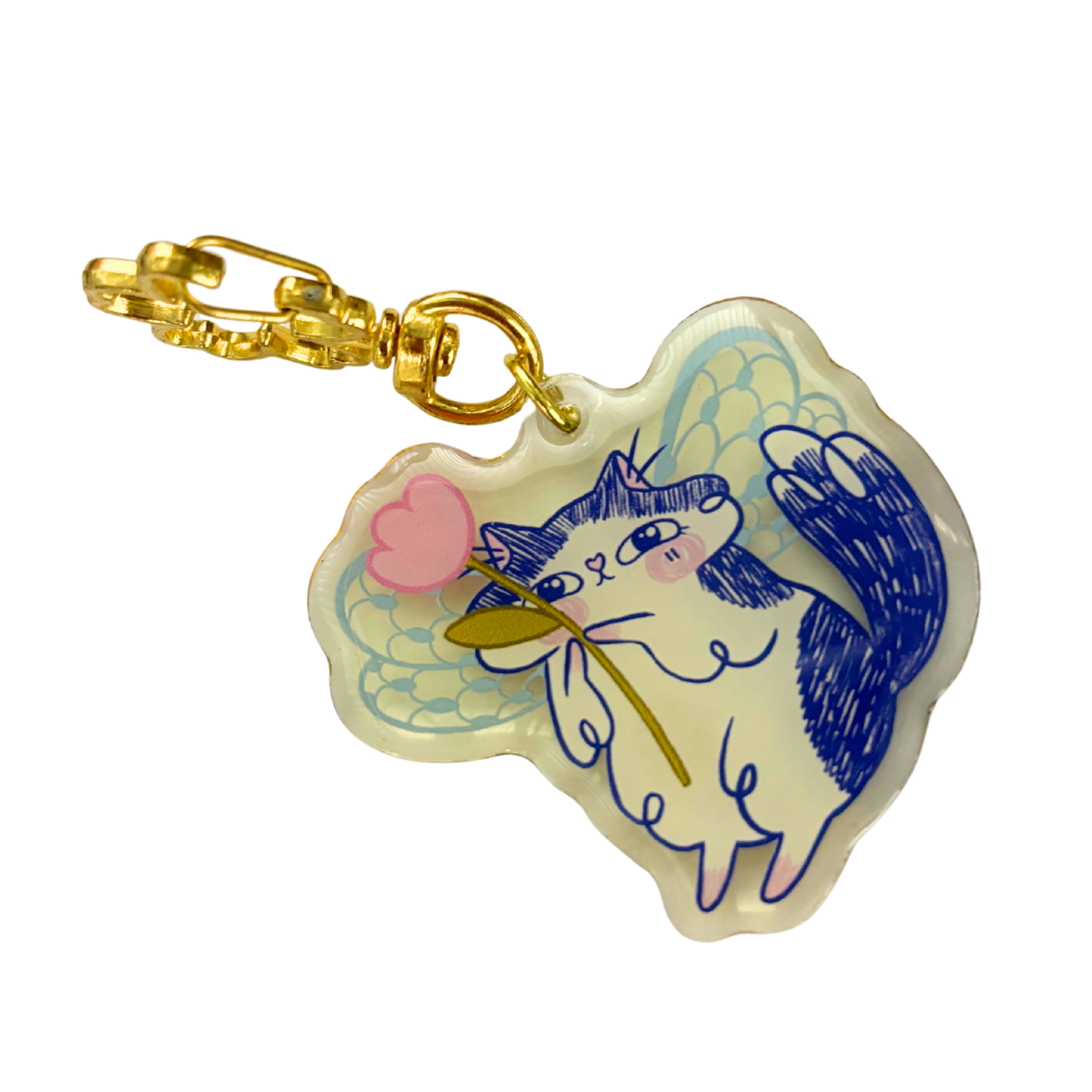 Butterfly Wings Kitty Key or Bag Charm | Semi-Transparent Illustrated Cat | Gold Clasp | 3"