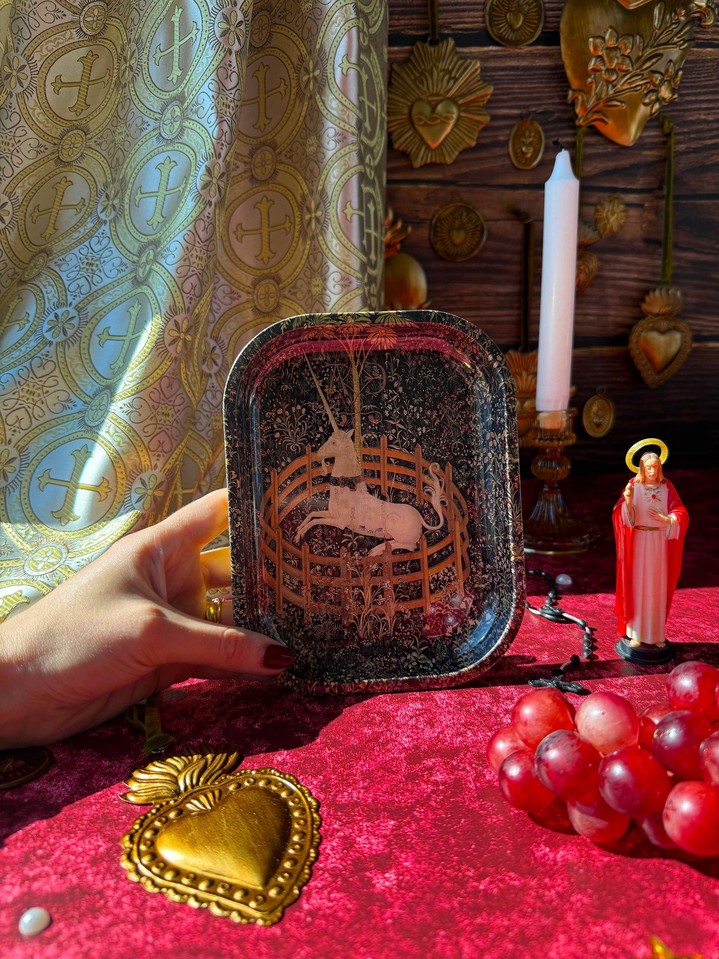 Medieval Tapestry Unicorn Tray | Enchanted Castle Trinket Tray | Vintage Floral Unicorn Catchall Dish