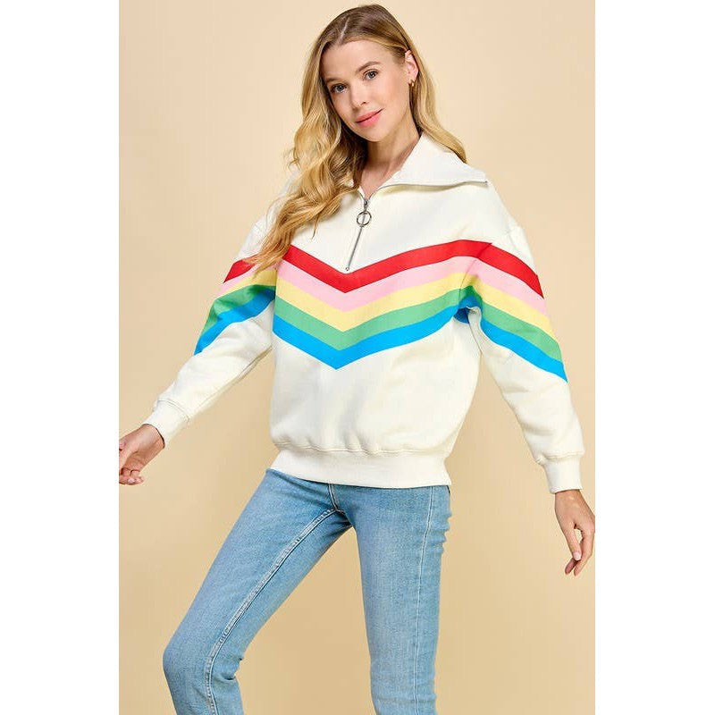 '80s Baby Quarter Zip Sweatshirt in Rainbow Design | Collared Neckline Jacket [Sizes M-L]