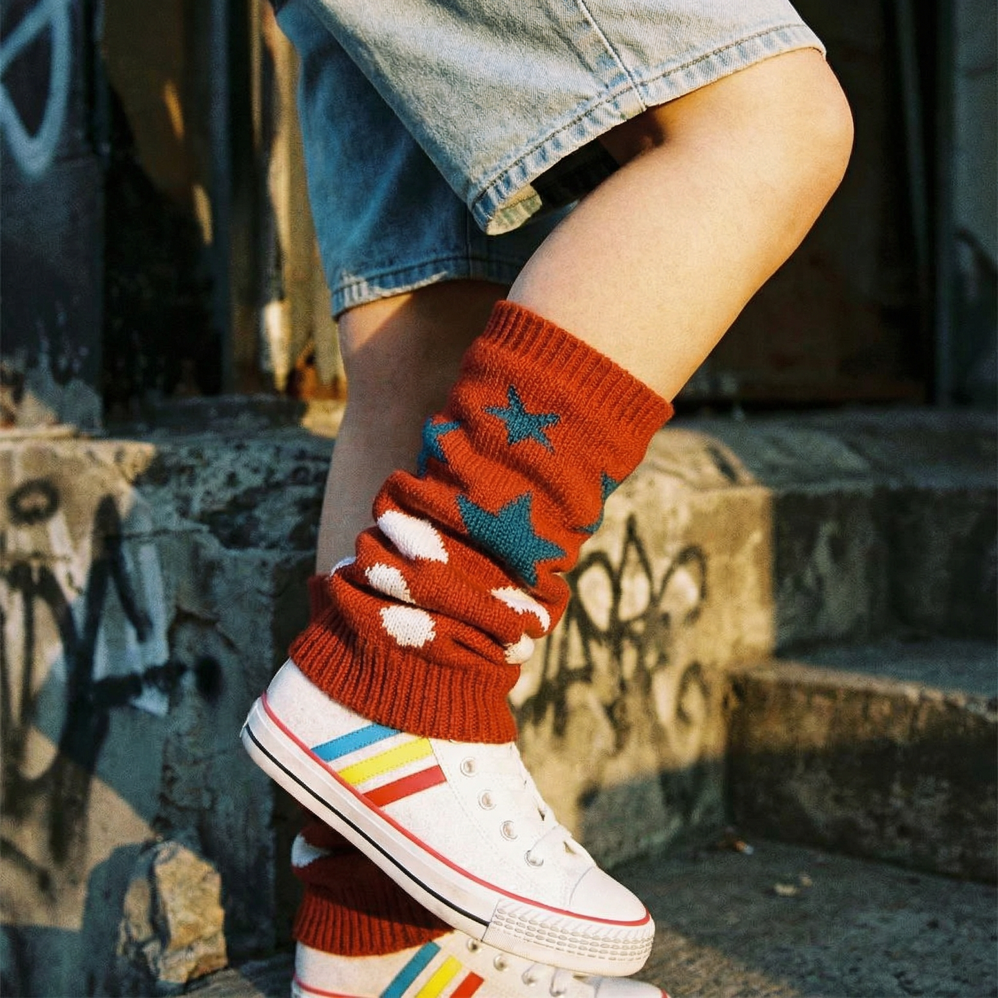 '80s Retro Red Varsity Short Leg Warmers | Stars and Polka Dots Print