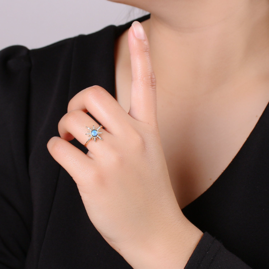 Dainty Gold Sun & Moon Blue Opal Adjustable Ring | Celestial Sterling Silver Ring