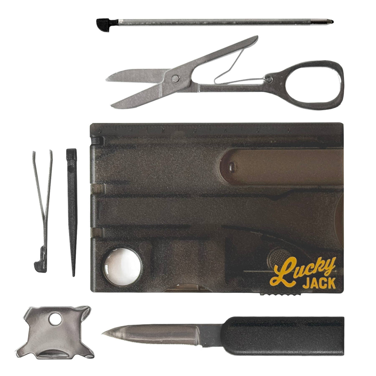 Collection of tools including a knife, scissors, and other implements