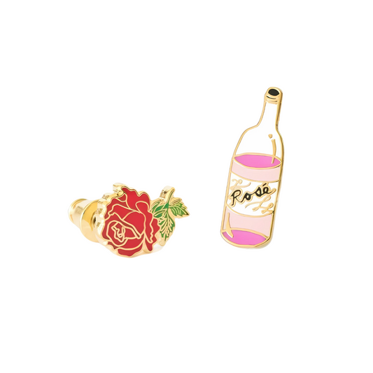 Rose and Rosé Mismatched Stud Earrings | Cloisonné with 22 Karat Gold | In a Glass Gift Vial