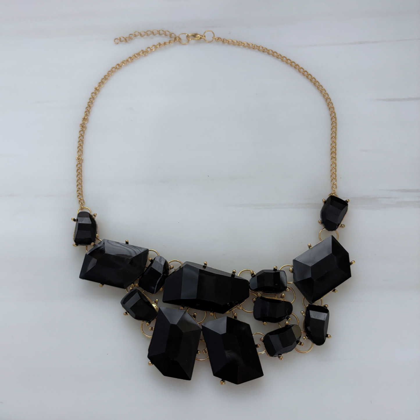 Evil Queen Jagged Gems Statement Necklace | Black Faceted Gems, Gold Setting | Bib Style