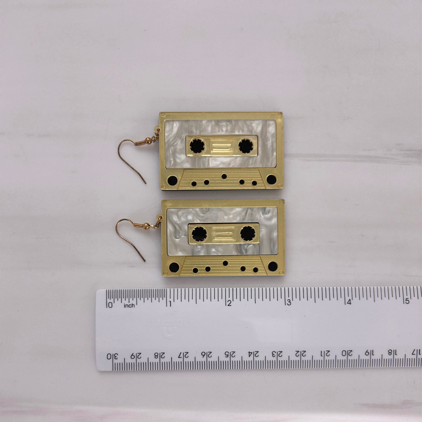 Jumbo Cassette Dangle Earrings in Gold | Matte Gold & Pearl Acetate | 3" Ear Wire