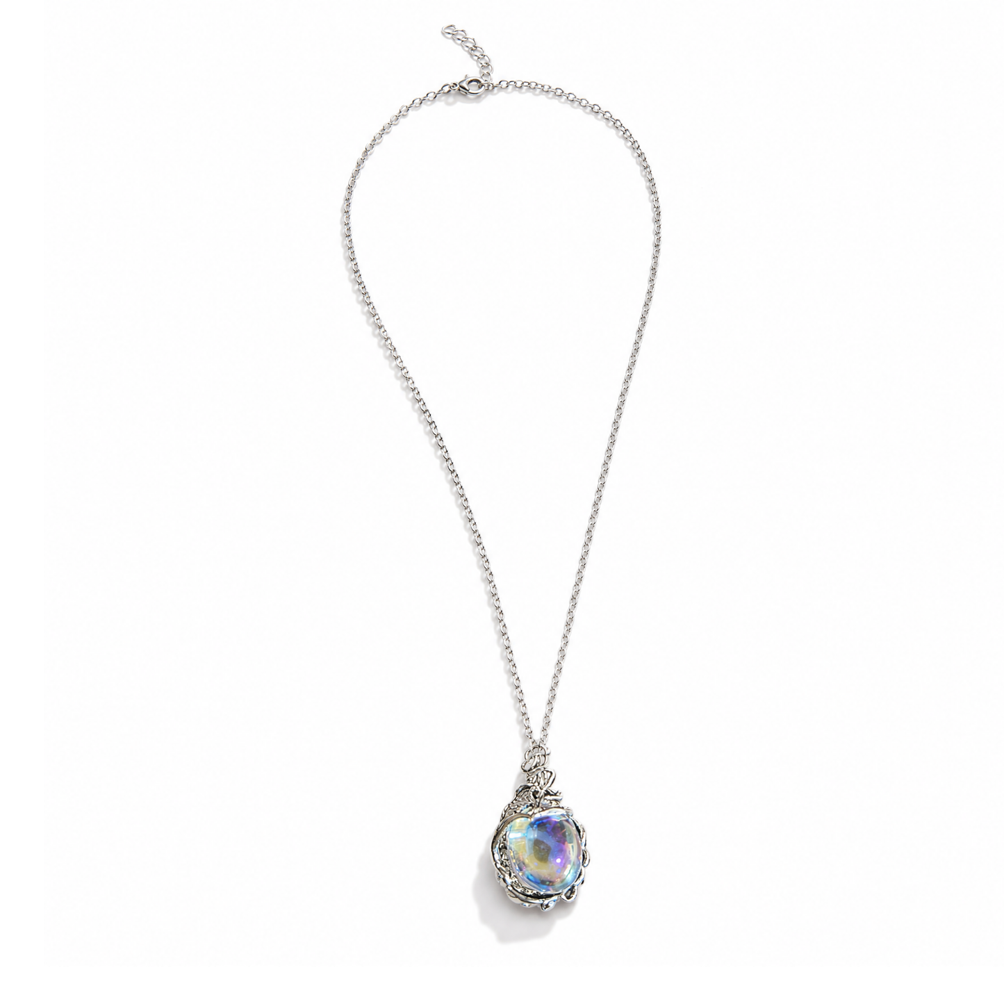 Romantasy Princess Opalescent Drop Necklace in Silver | Fantasy Gem Pendant | 18" + 2" Extender