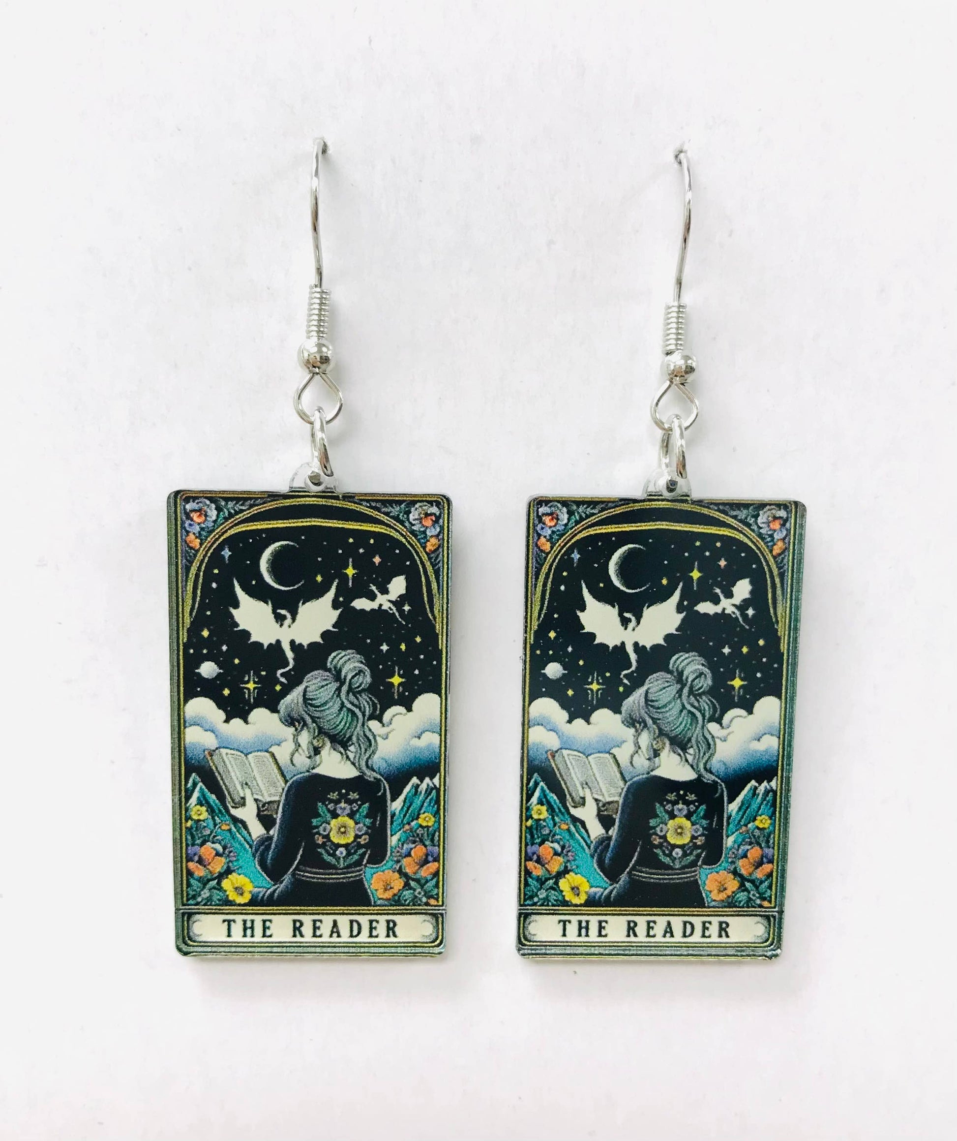 Earrings with 'The Reader' tarot card design 