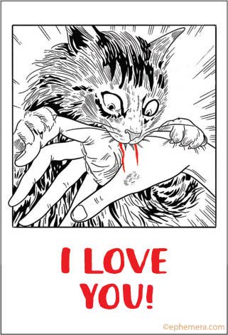 Cartoon cat holding a hand with 'I LOVE YOU!' text on a white background