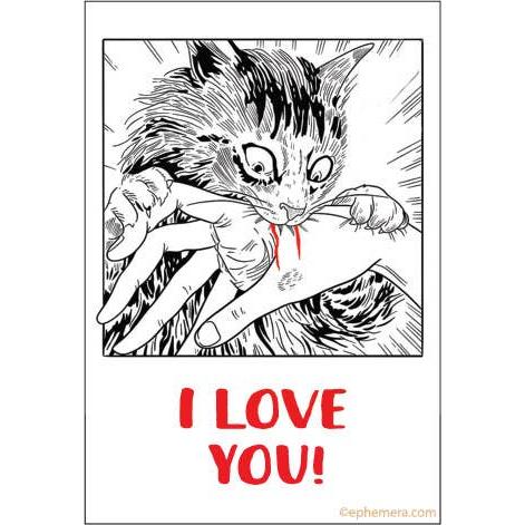 Cartoon cat holding a hand with 'I LOVE YOU!' text on a white background