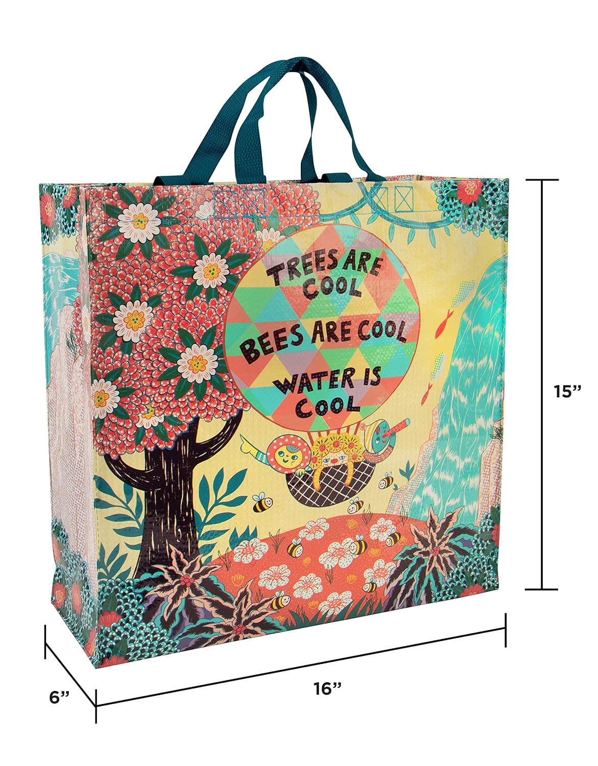 Trees Are Cool. Bees Are Cool. Water Is Cool. Shopper Tote Bag | Post Consumer Material Shopping Bag | 16" x 15" | BlueQ at GetBullish