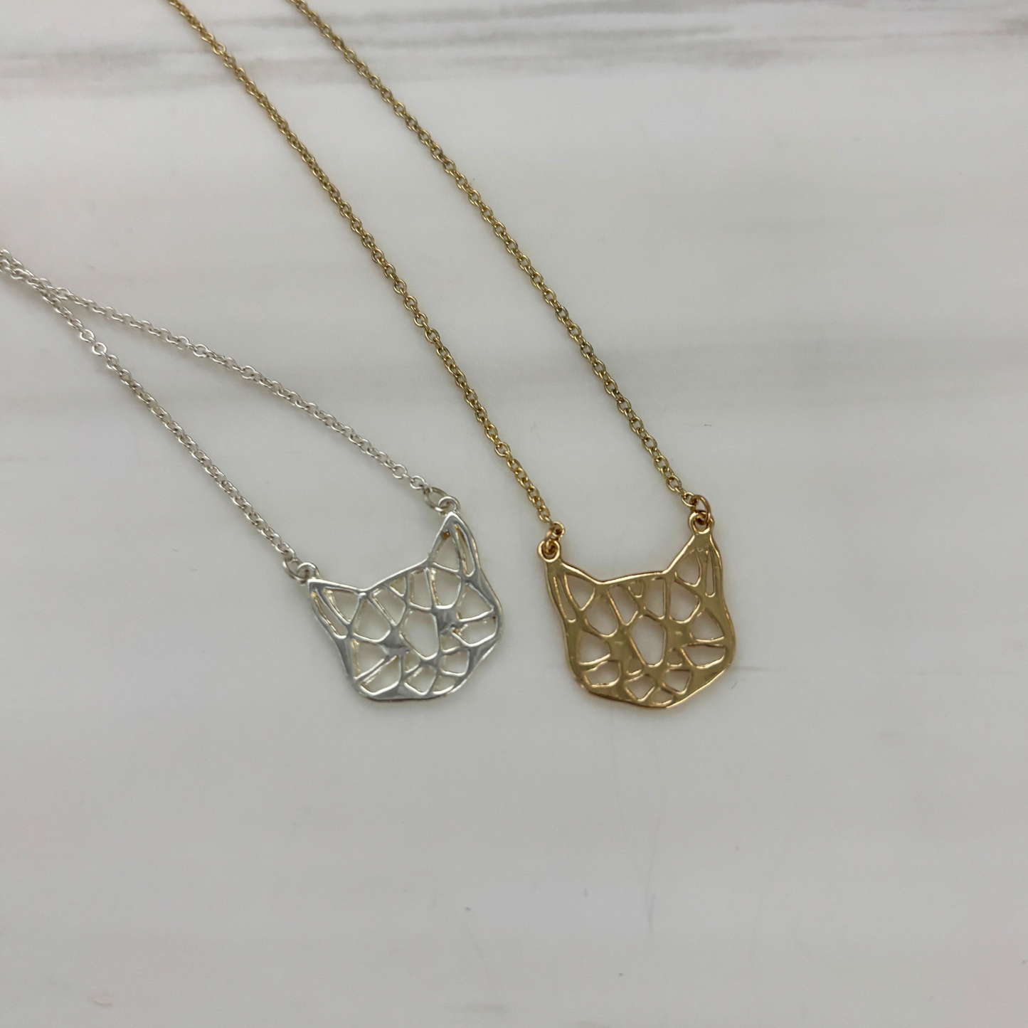 Openwork Cat Necklace | Kitty Face Pendant | 20" Chain + Extender | Gold or Silver