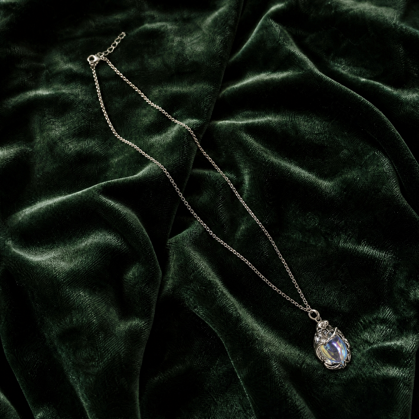 Romantasy Princess Opalescent Drop Necklace in Silver | Fantasy Gem Pendant | 18" + 2" Extender