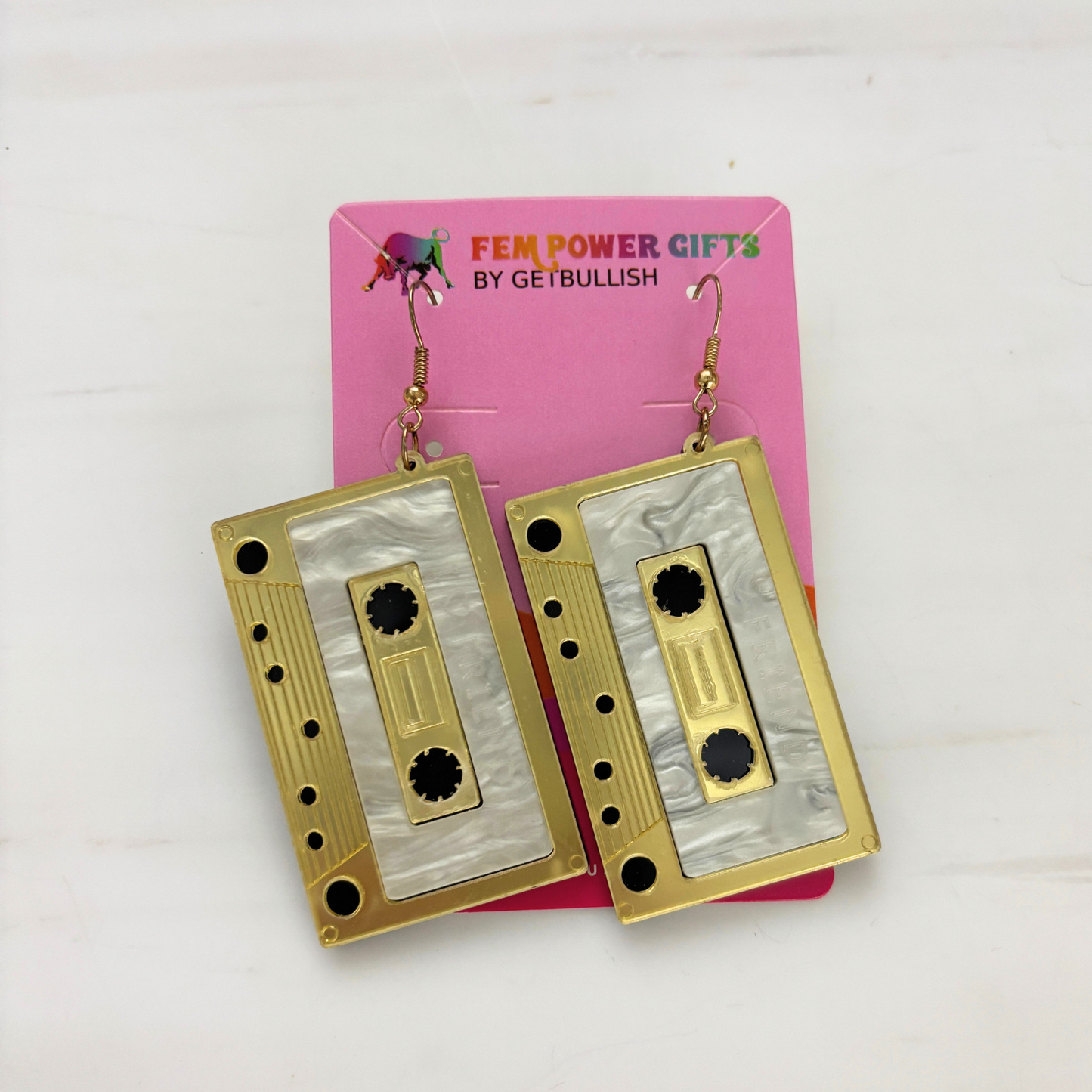 Jumbo Cassette Dangle Earrings in Gold | Matte Gold & Pearl Acetate | 3" Ear Wire