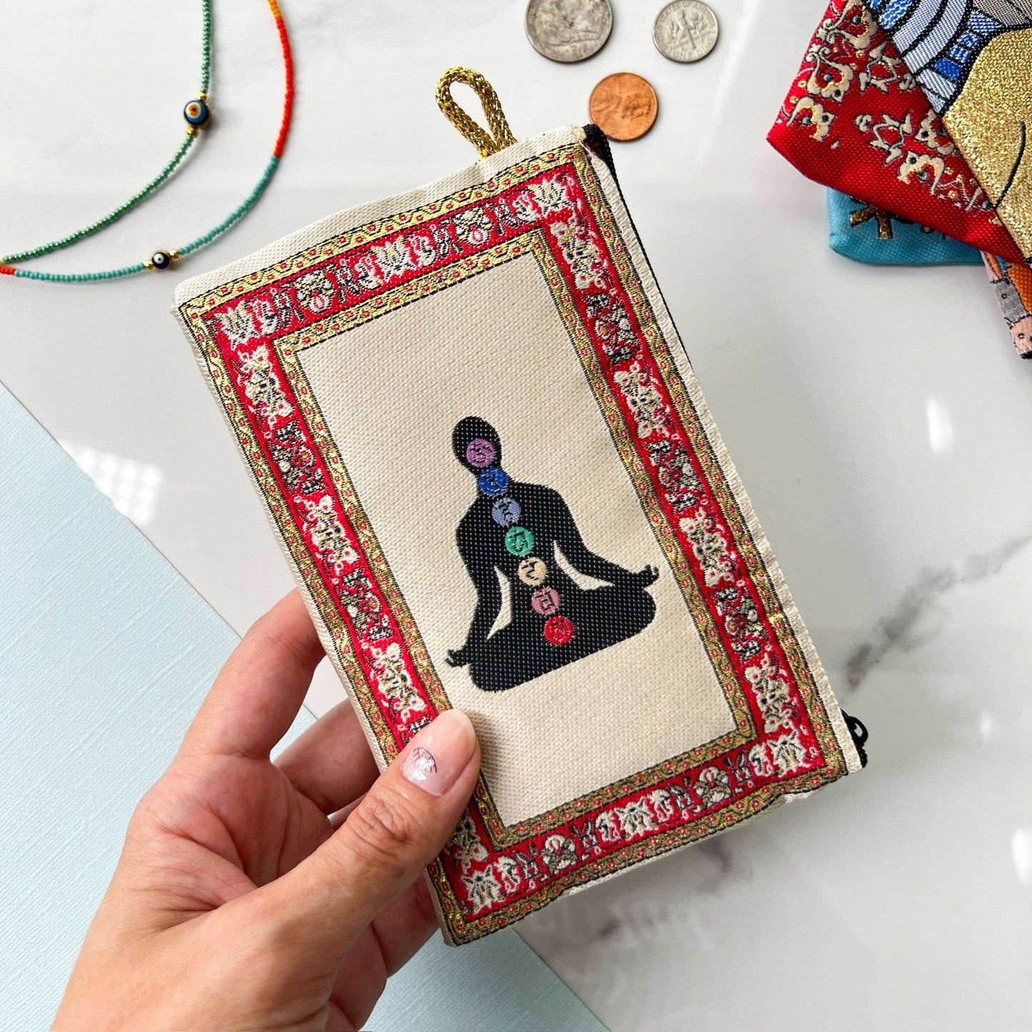 7 Chakras Coin Purse Boho Fabric Pouch | Handmade in Turkey | 4" x 5"