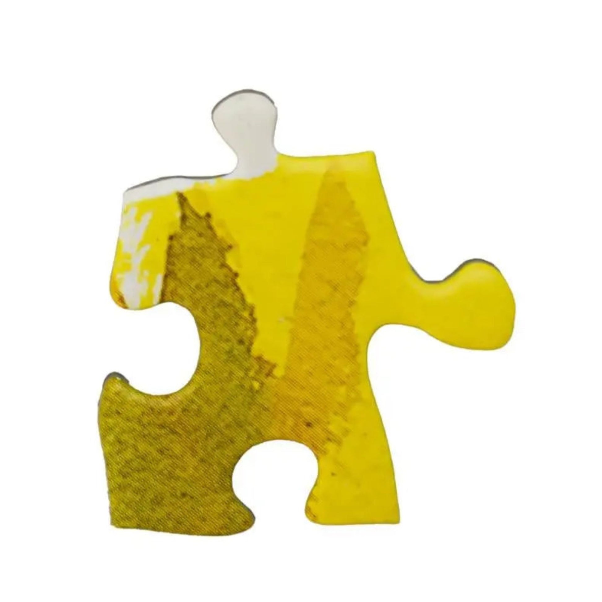 Yellow puzzle piece with a white border on a white background